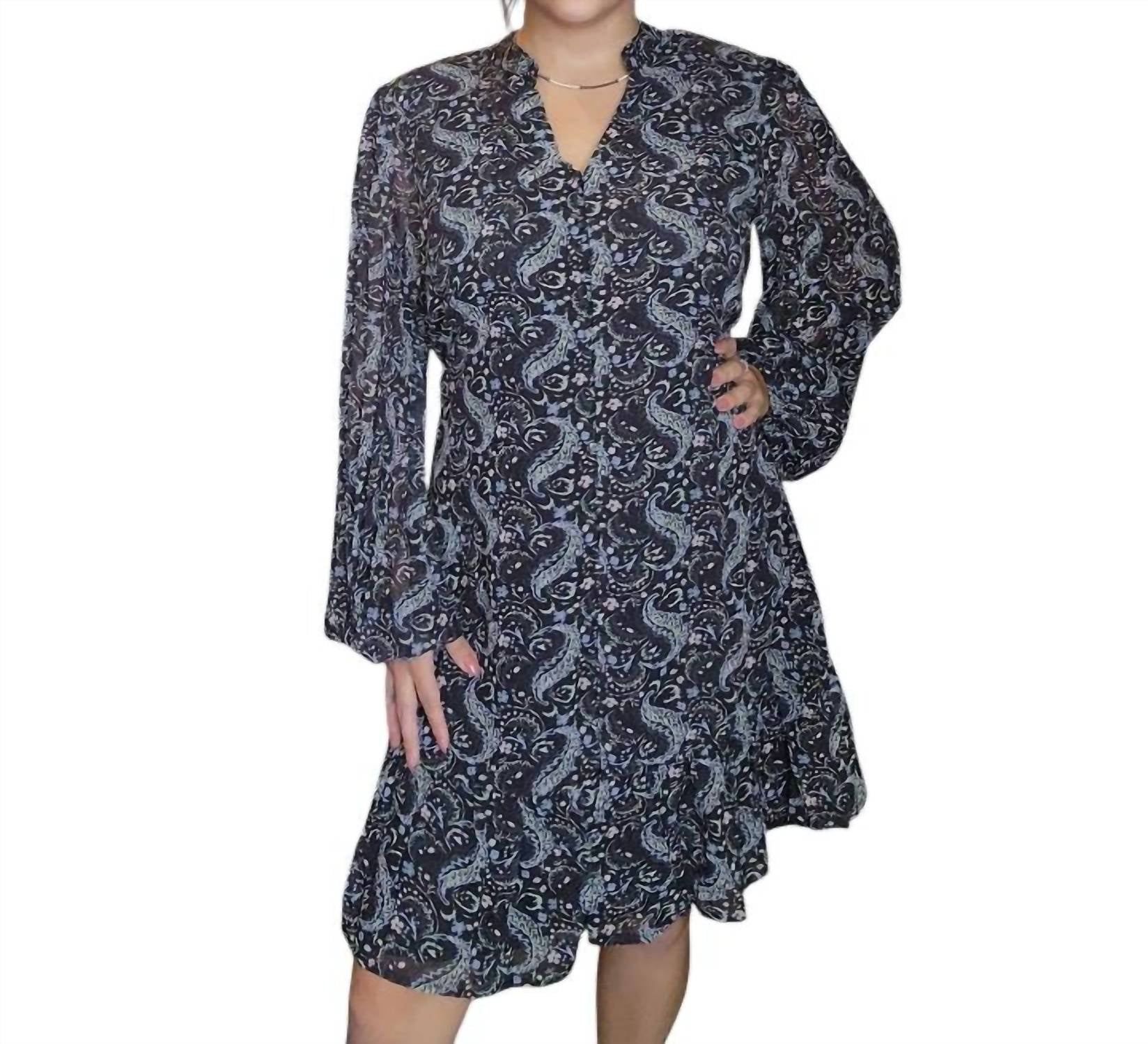 Papillon Printed Long Sleeve Dress With Tie Belt in black - women's dress