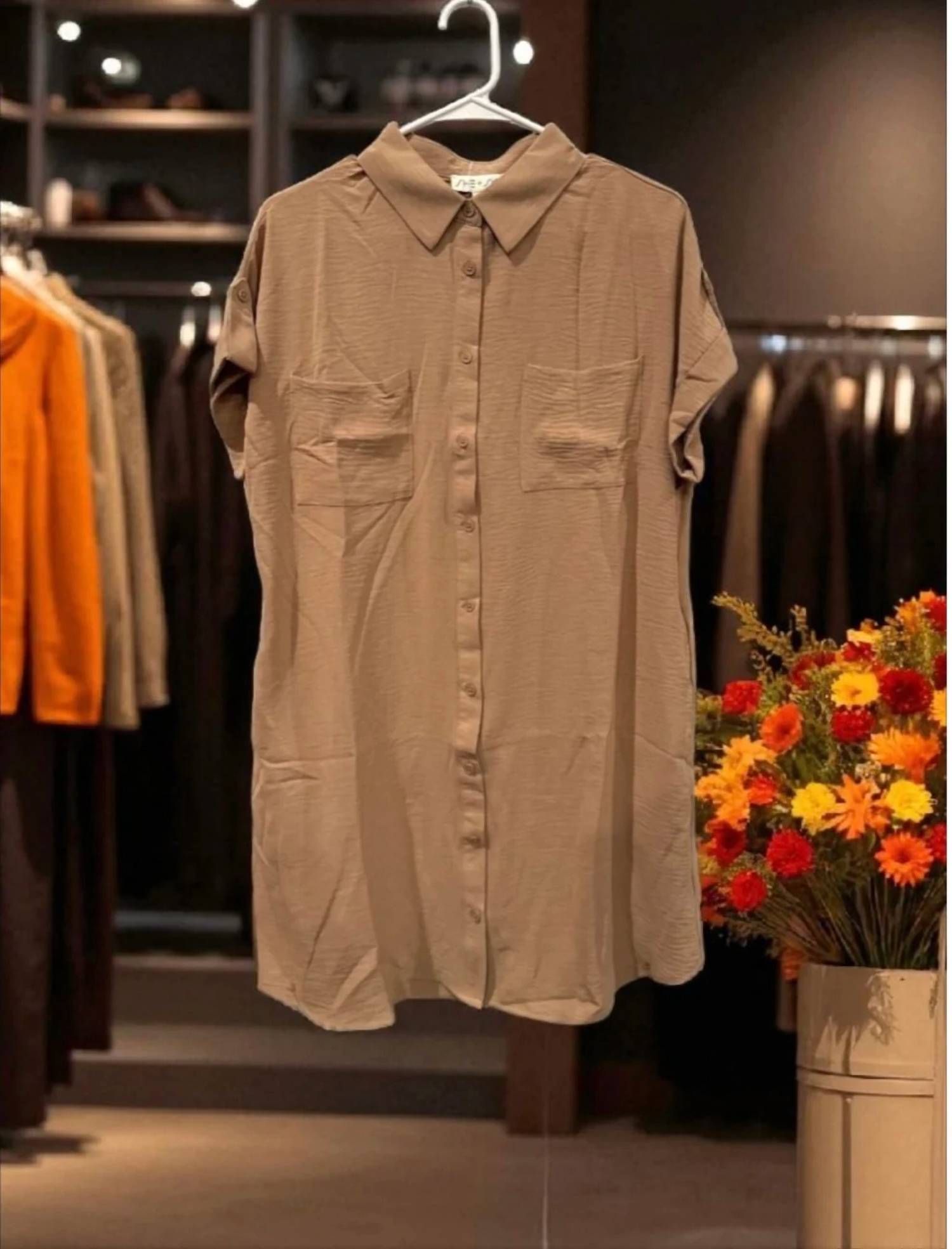 She + Sky - Cuffed Sleeve Mini Shirt Dress
