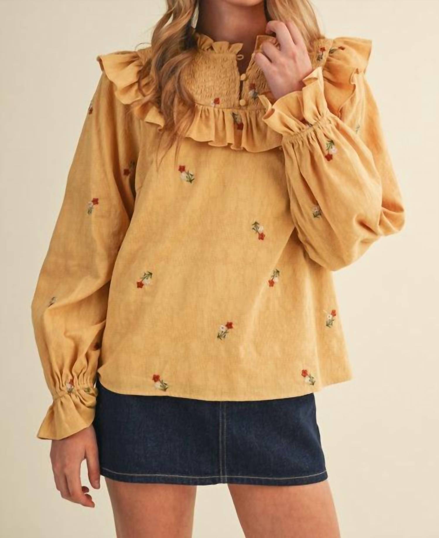 &Merci - Ruffled Smocked Embroidered Blouse