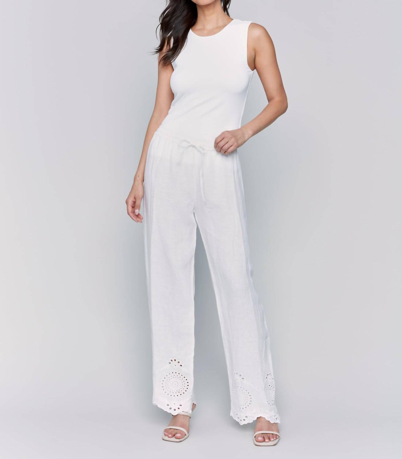Charlie B - Pull-on Linen Pants With Eyelet Embroidery