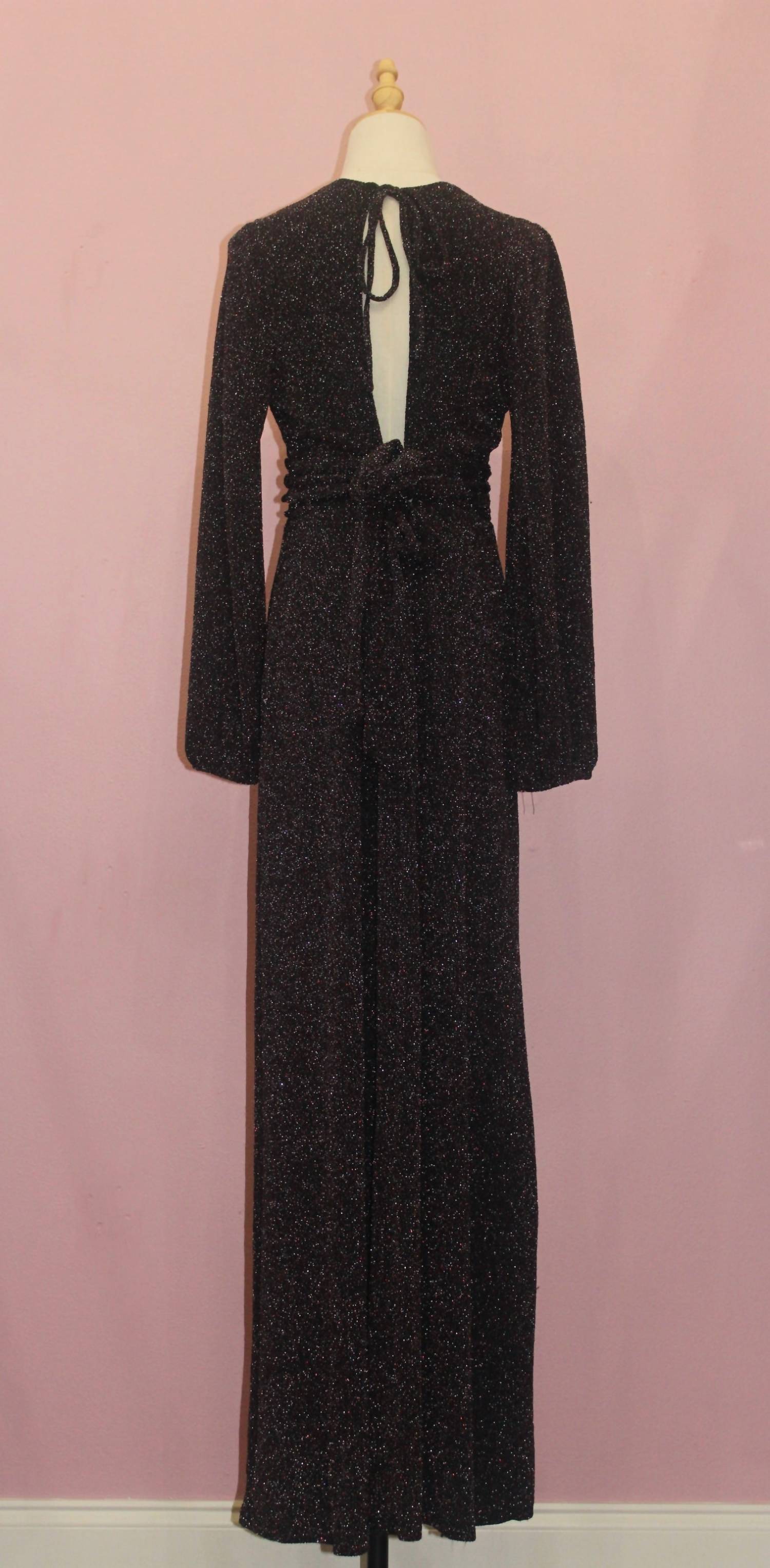 INA Women's Long Puff Sleeve Stretch Shimmer Fabric Maxi Dress in black - women's dress - detail view