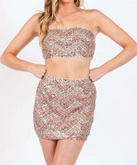 The Vintage Shop - Zig Zag Sequin Bandeau Top And Mini Skirt Set
