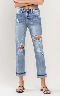 VERVET BY FLYING MONKEY High Rise Cuffed Distressed Paint Boyfriend Jeans in blue - women's jeans - view 4
