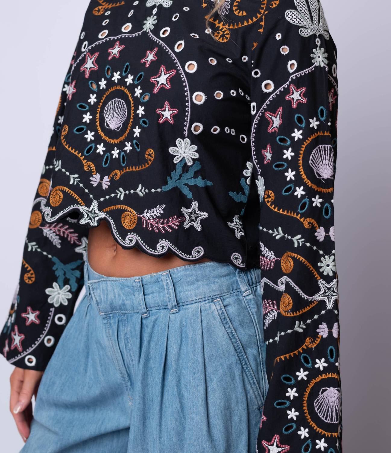 Cleobella Leela Embroidered Top in black multi - women's blouse - detail view