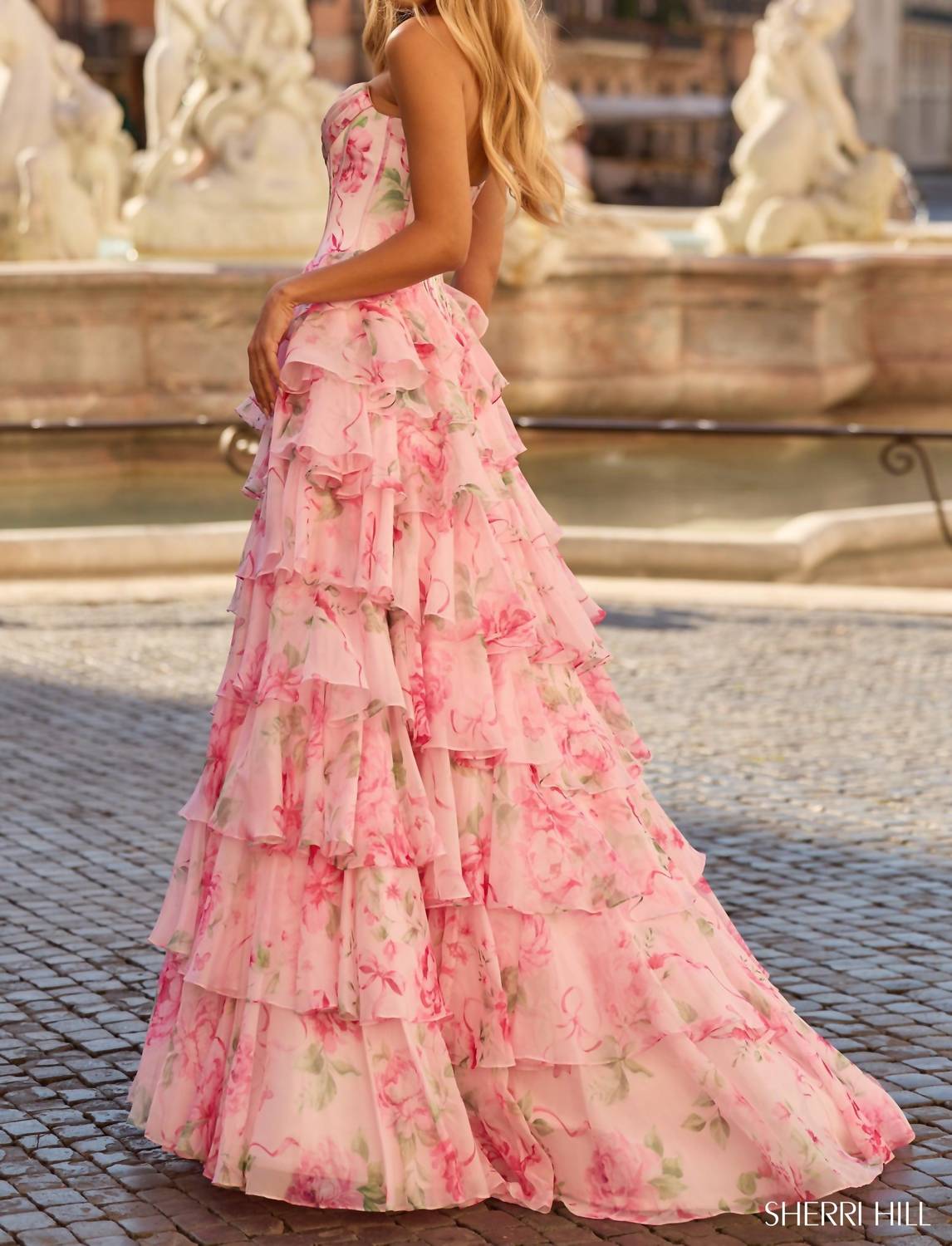 Sherri Hill Strapless Floral Ballgown in pink print - women's dress - alternate view