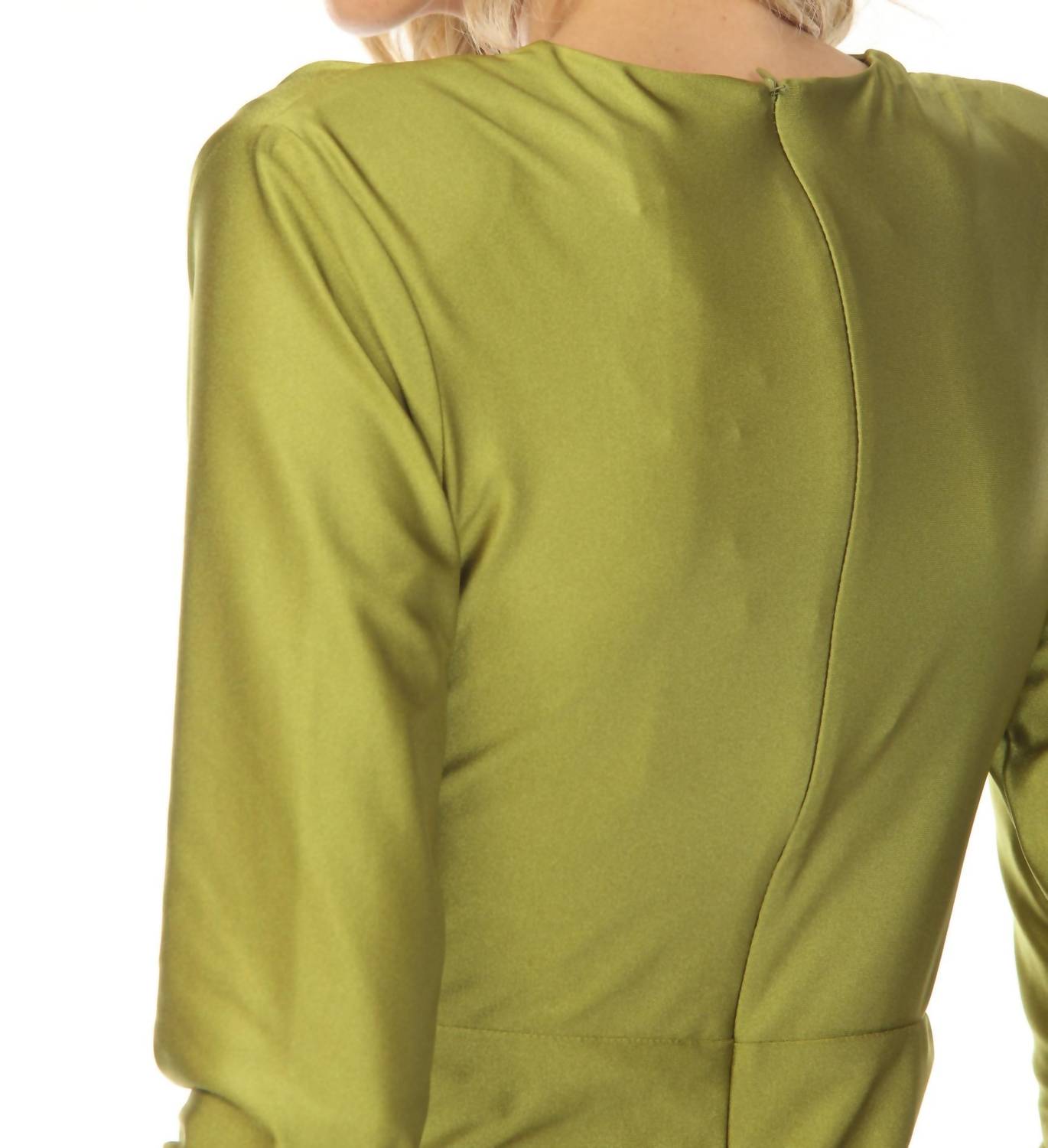 Joseph Ribkoff Ruched V-neck Satin Evening Midi Dress in fern green - women's dress - view 5