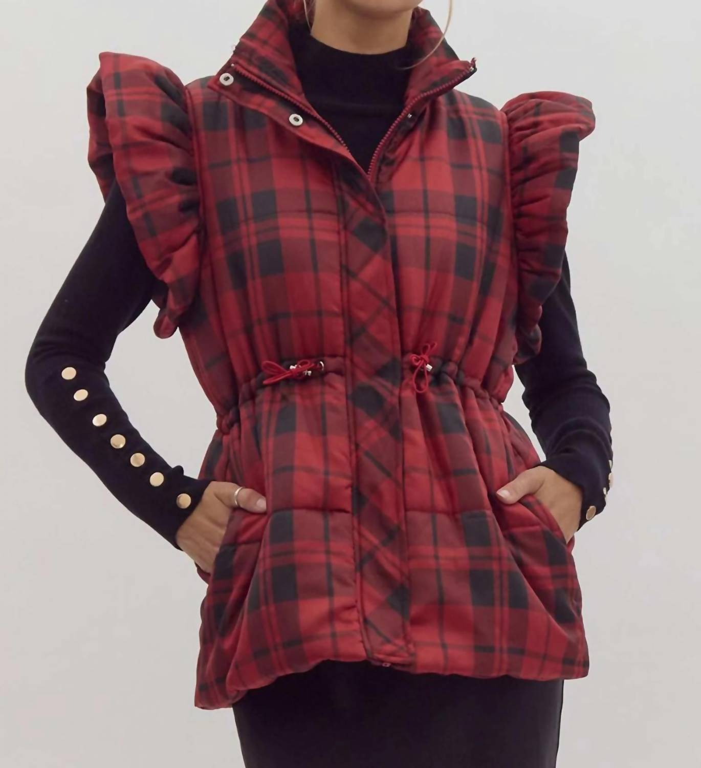 Entro - Plaid Pattern Toggle Waist Puffer Vest