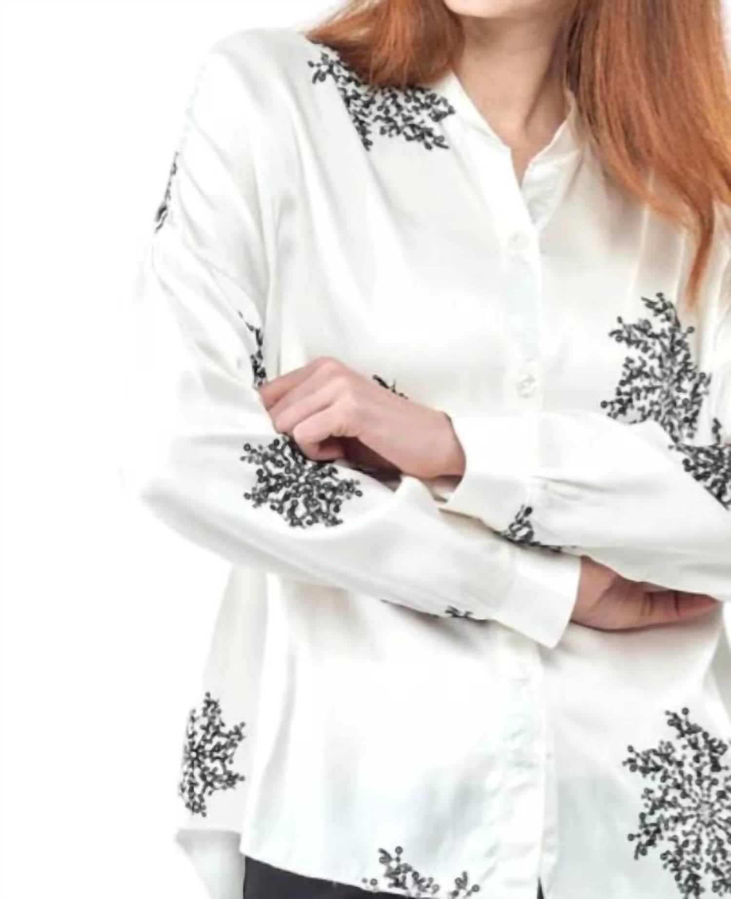 Insight Sequins Flower Button Up Top in white - women's shirt - detail view
