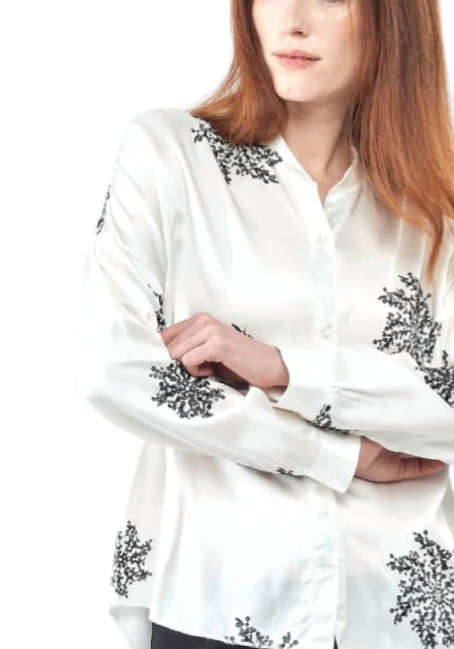 Insight Sequins Flower Button Up Top in white - women's shirt - alternate view