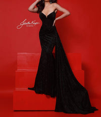 Johnathan Kayne Strapless V-neck Draped Prom Gown in black - women's dress