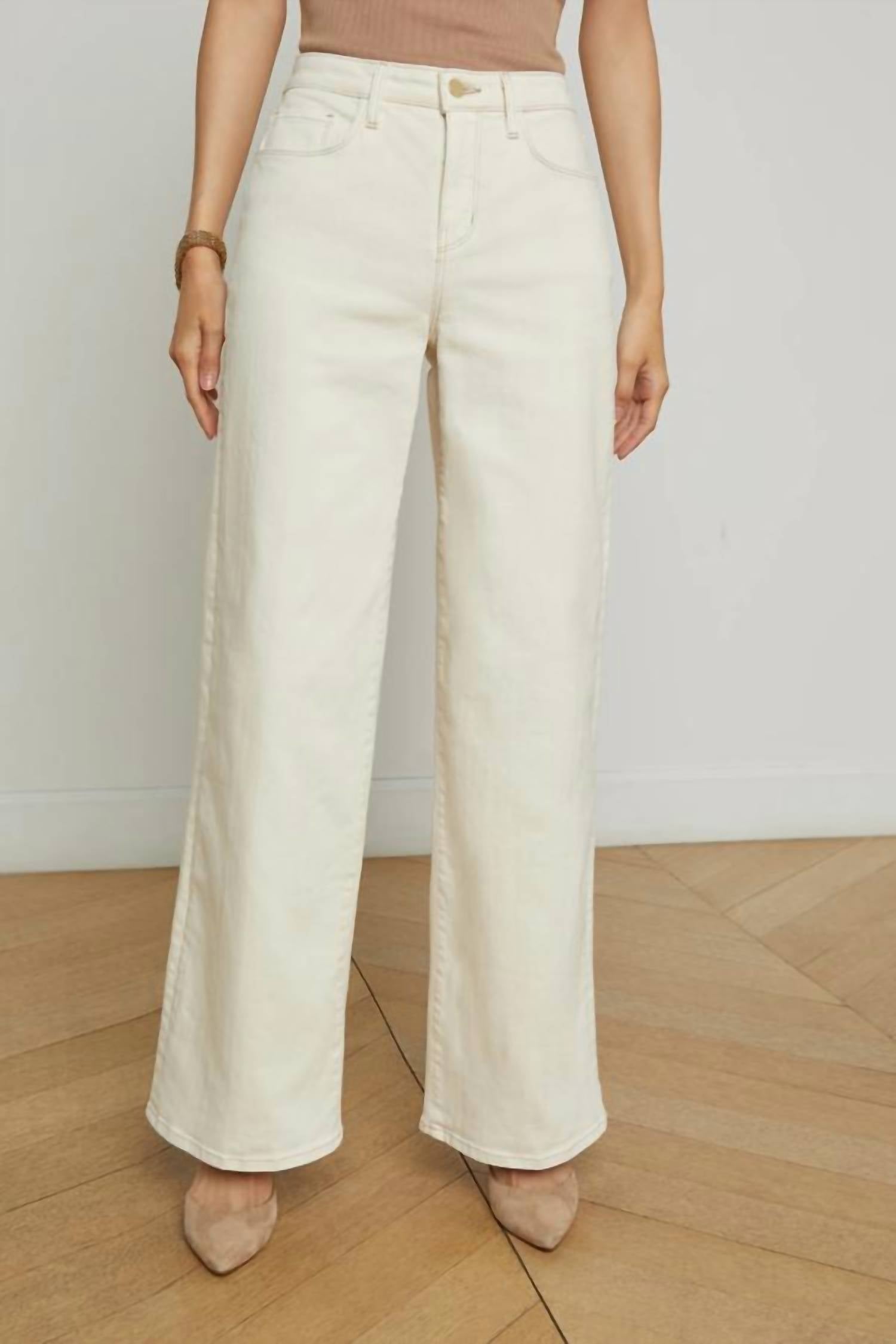L'Agence Alicent High Rise Sneaker Flare Jeans in macadamia - women's jeans