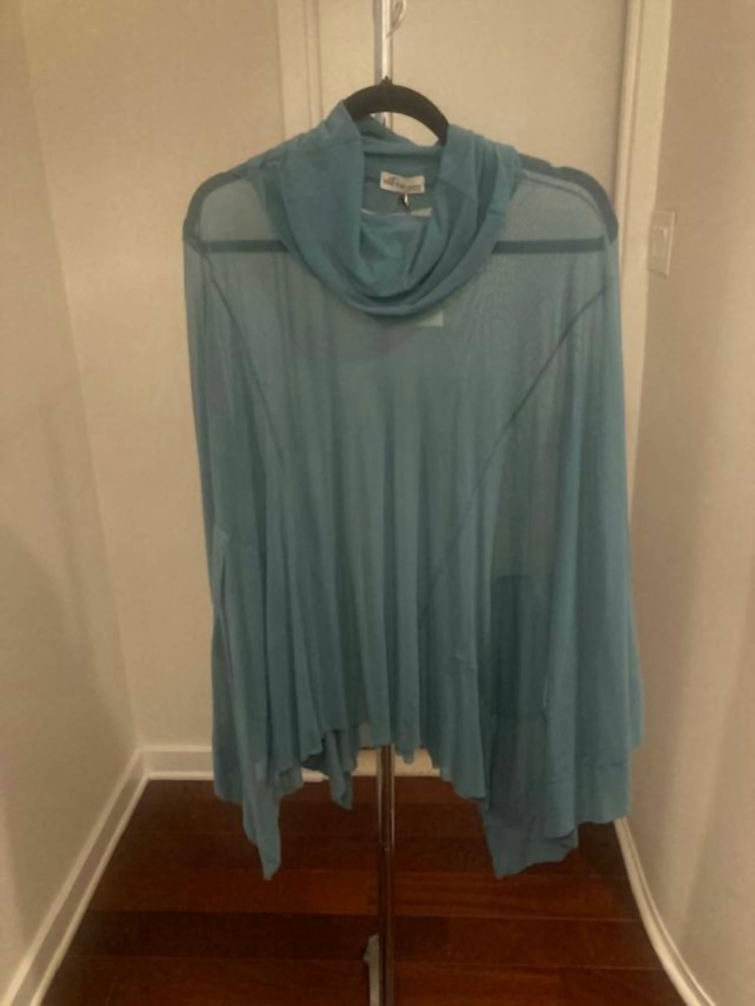 Petit Pois By Viviana G Women's Loose Poncho with Big Collar & Front Pockets in celeste - women's shirt