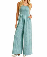 Rock & Roll Denim Smocked Sleeveless Jumpsuit in jade - women's pants