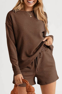 Shop Lala Loo - Textured Top And Drawstring Shorts Set