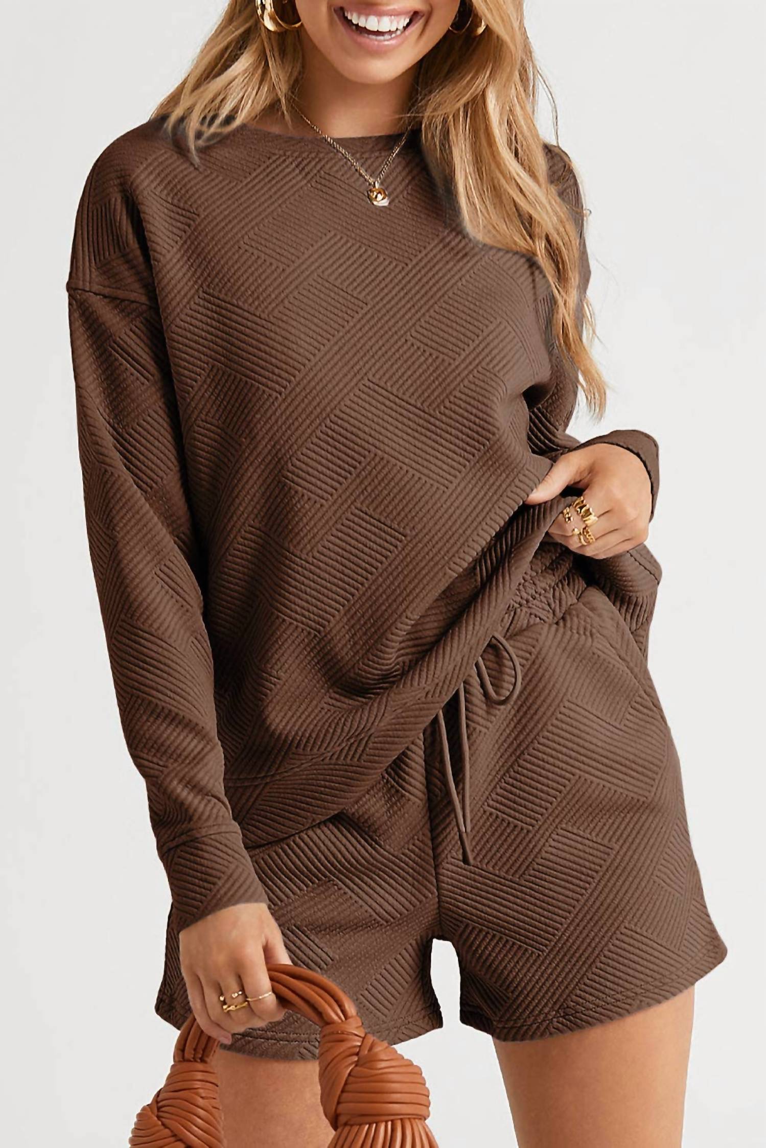 Shop Lala Loo - Textured Top And Drawstring Shorts Set
