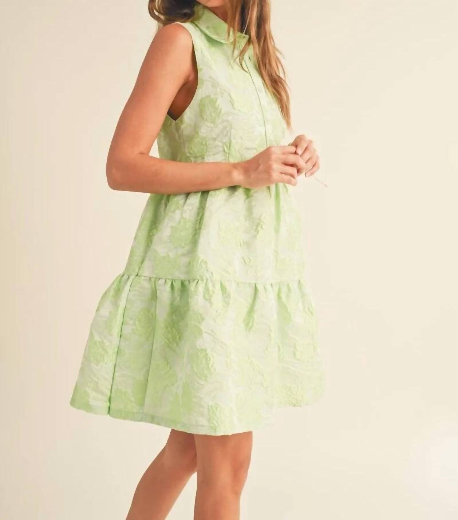 &merci Button Down Texture Sleeveless Mini Dress in lime - women's dress - detail view