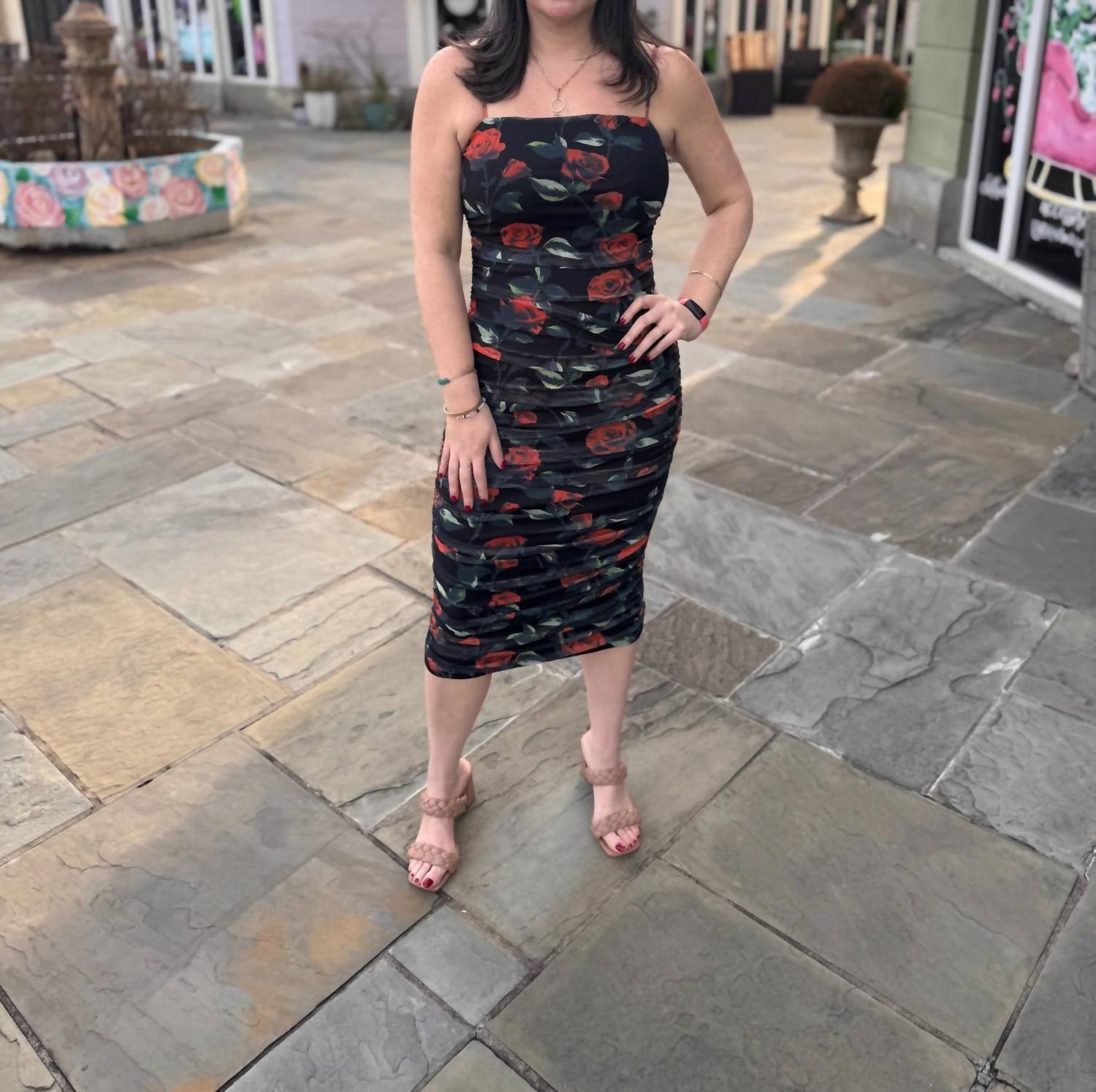 La Miel - Mesh Floral With Ruching & Zip Back Midi Dress