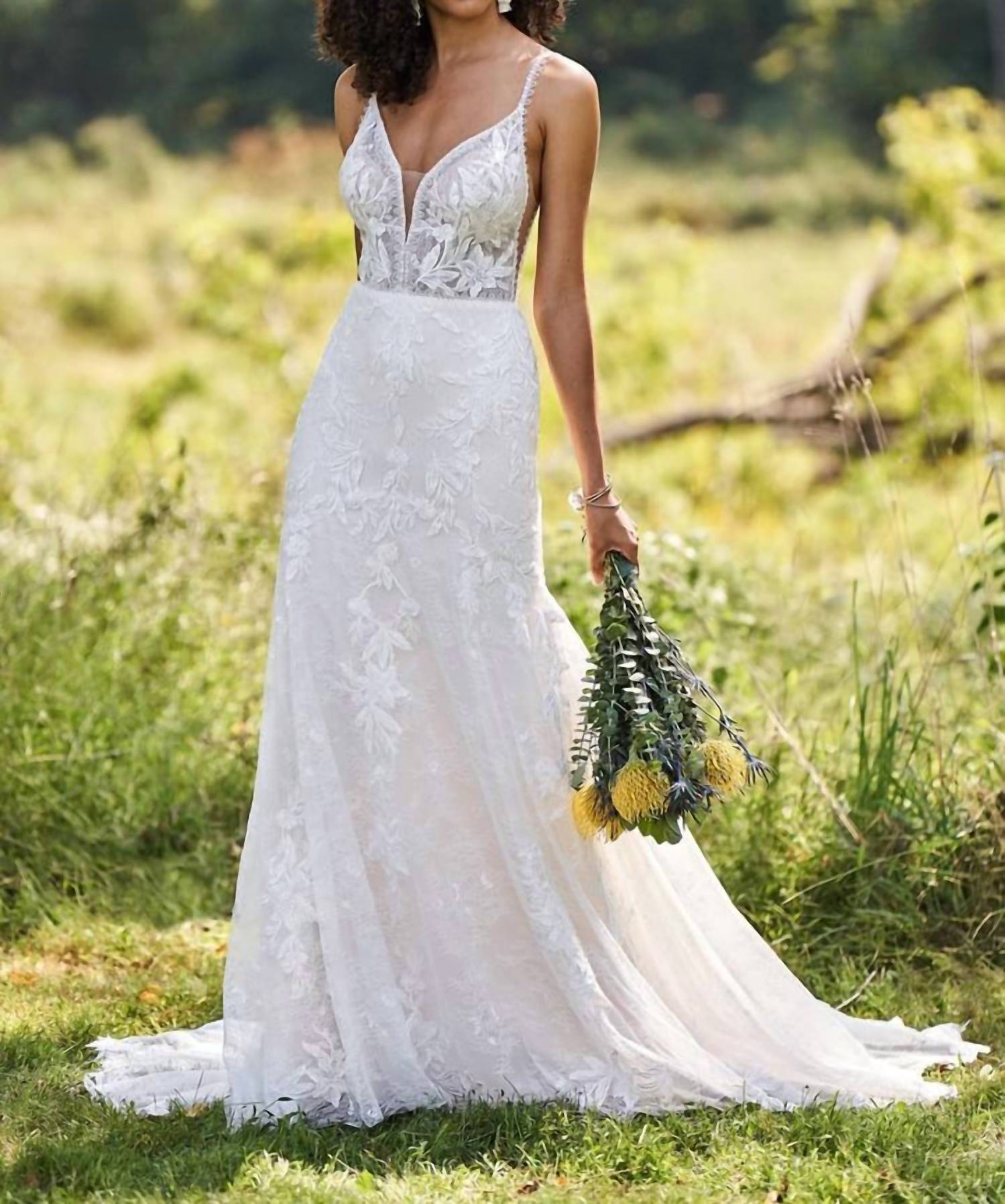 Lillian West Lace Trumpet Gown With Low Back And Scalloped Chapel Length Train in ivory ivory nude - women's dress
