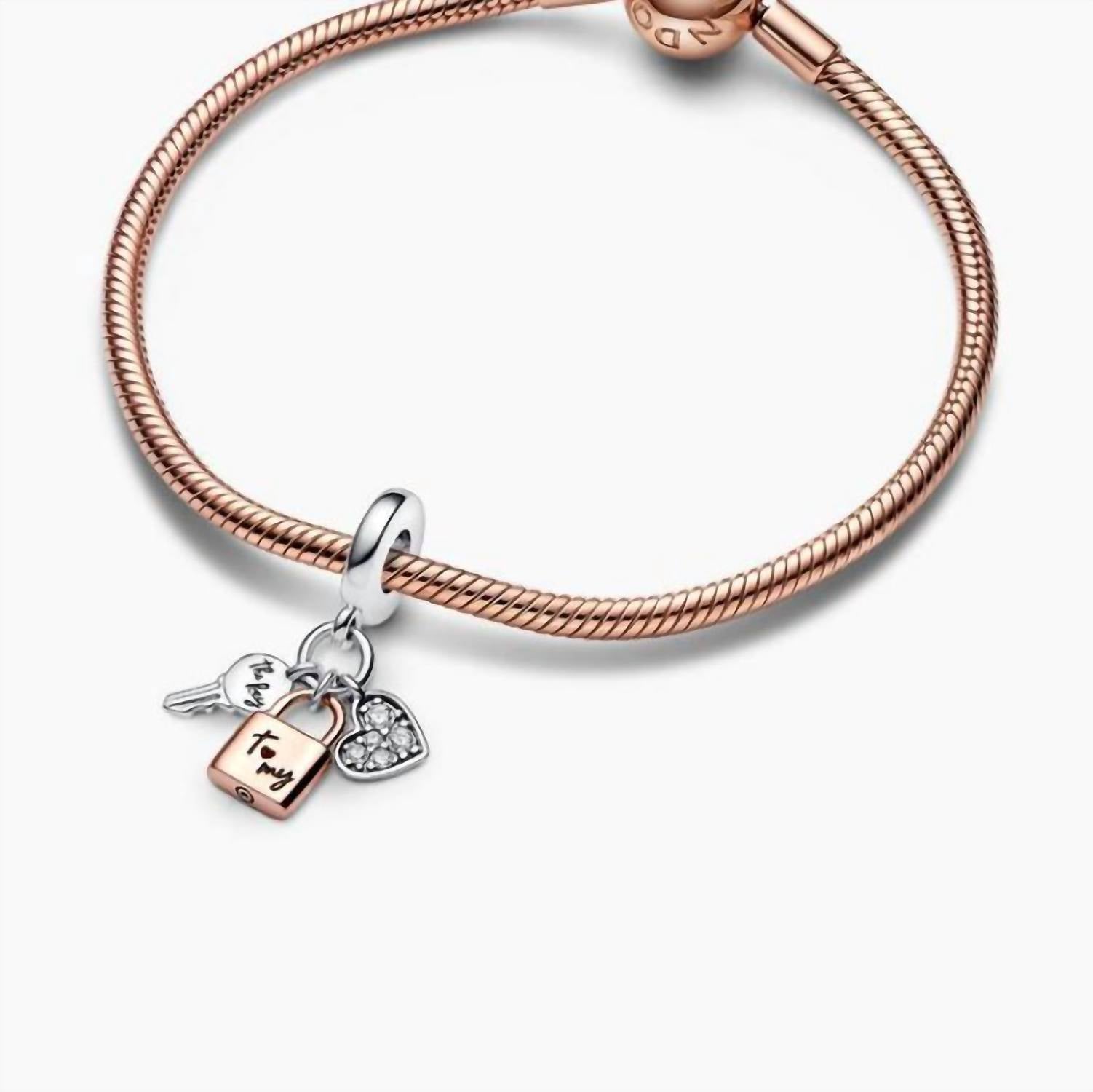 Pandora Women's Two-tone Key Padlock & Heart Triple Dangle Charm in silver - women's item - view 4