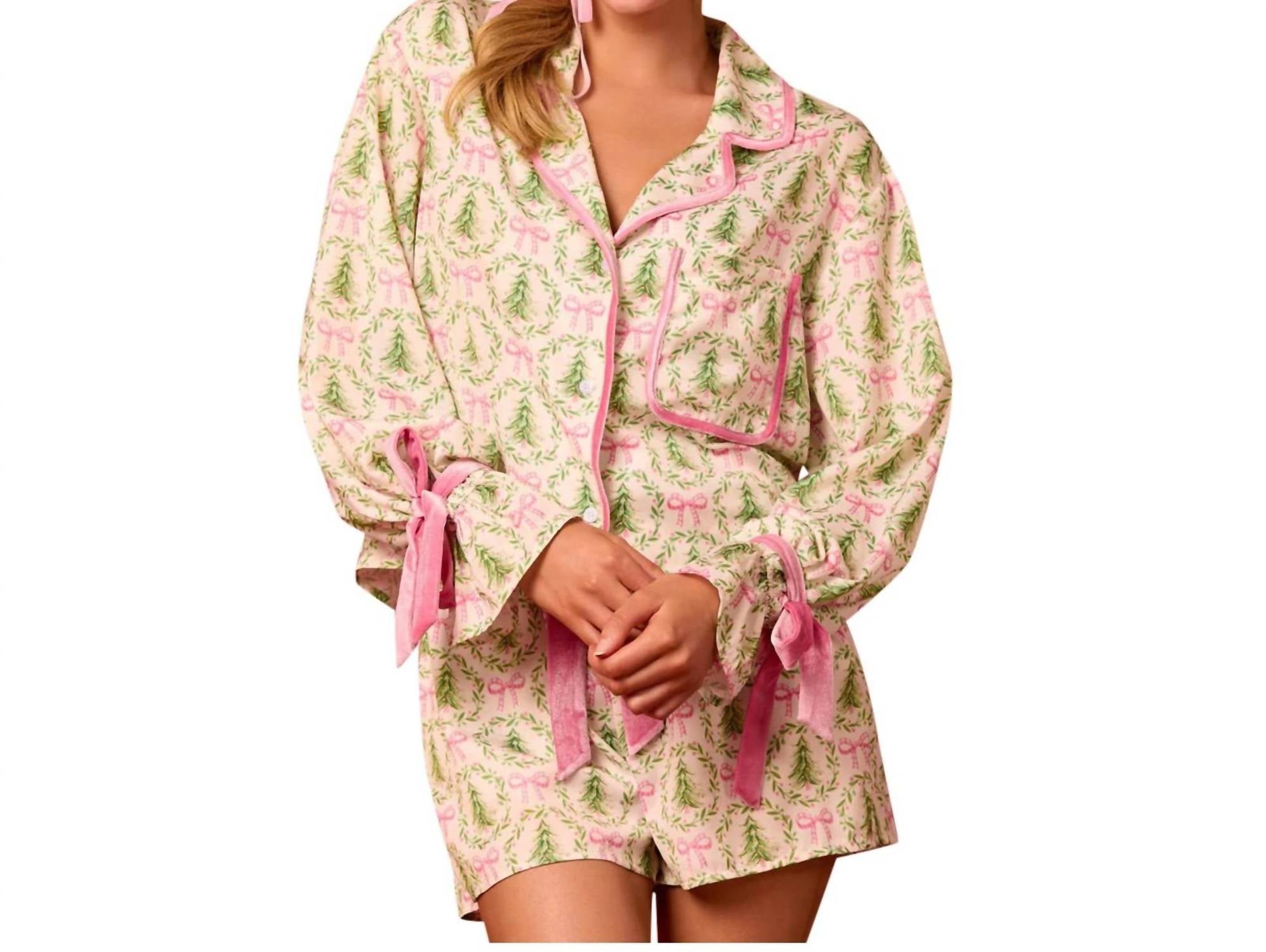 Peach Love Satin Christmas Tree & Bow Pajama Set in multi - women's intimate