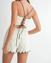 Mable - Sleeveless Crop Top With Open Back Lace And Shorts Set