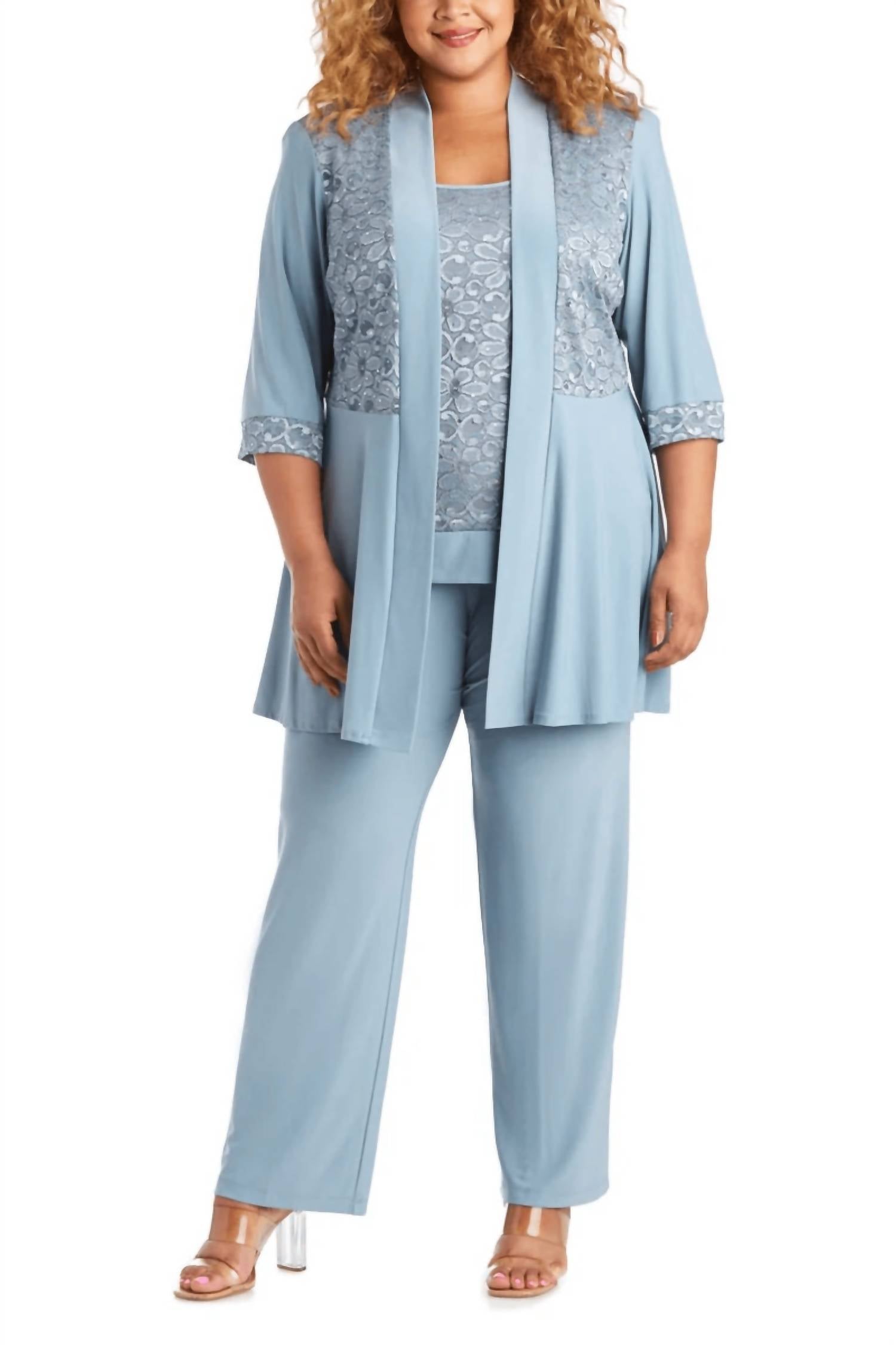R&M Richards - Laced Blouse & Sequin Jacket Pant Suit Set - plus