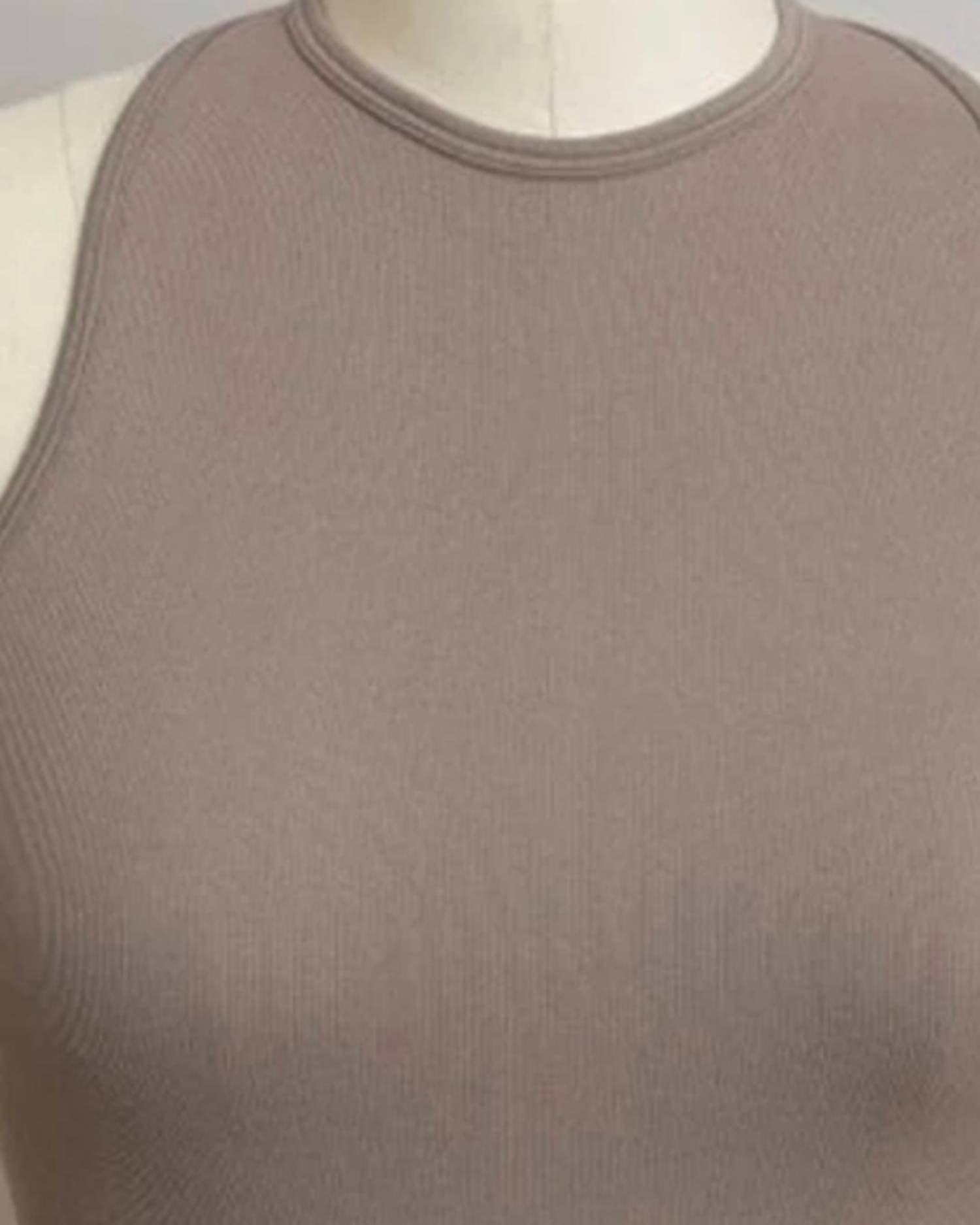 LETO Women's High Neck Racerback Brami in mocha - women's shirt - detail view