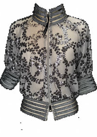 Petit Pois By Viviana G Embroidery Bomber Jacket in gunmetal - women's jacket - detail view