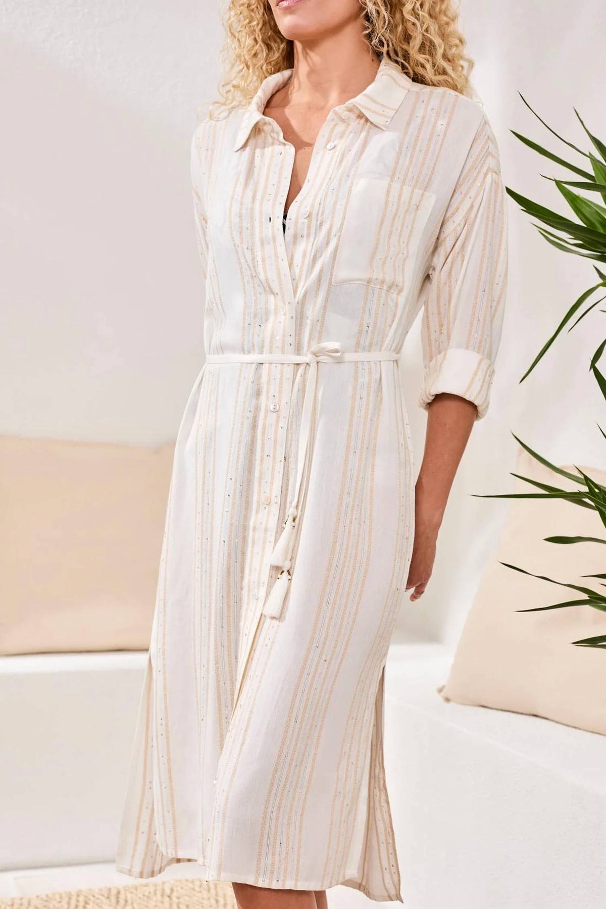 Tribal - Shimmer Stripe Button-front Cover-up Midi Dress