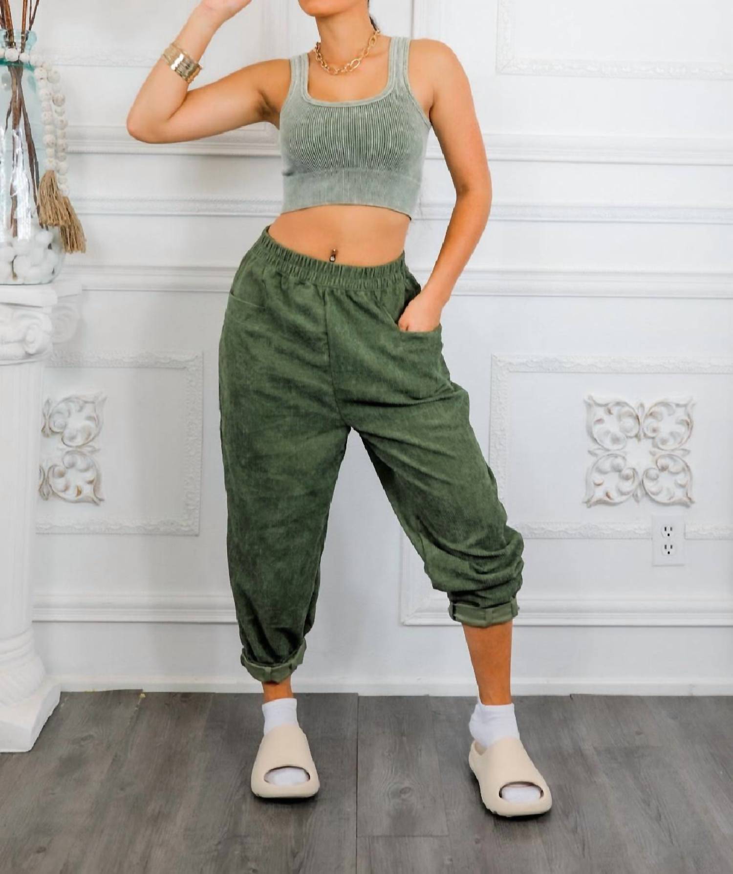 Little Secret Of Mine - Ribbed Cropped Top & Corduroy Pocket Front Pants Set