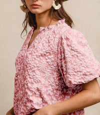 Bibi - Textured Ruffled V-neck Balloon Sleeve Top