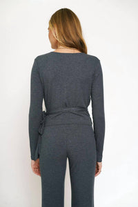 Mystree - Wrap Tie Front Long Sleeve Rib Top
