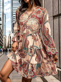 Vividlux - Long Sleeves Loose Buttoned Flower Print V-neck Mini Dress