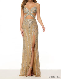 Sherri Hill Sequin Beaded Fitted Gown in nude silver - women's dress