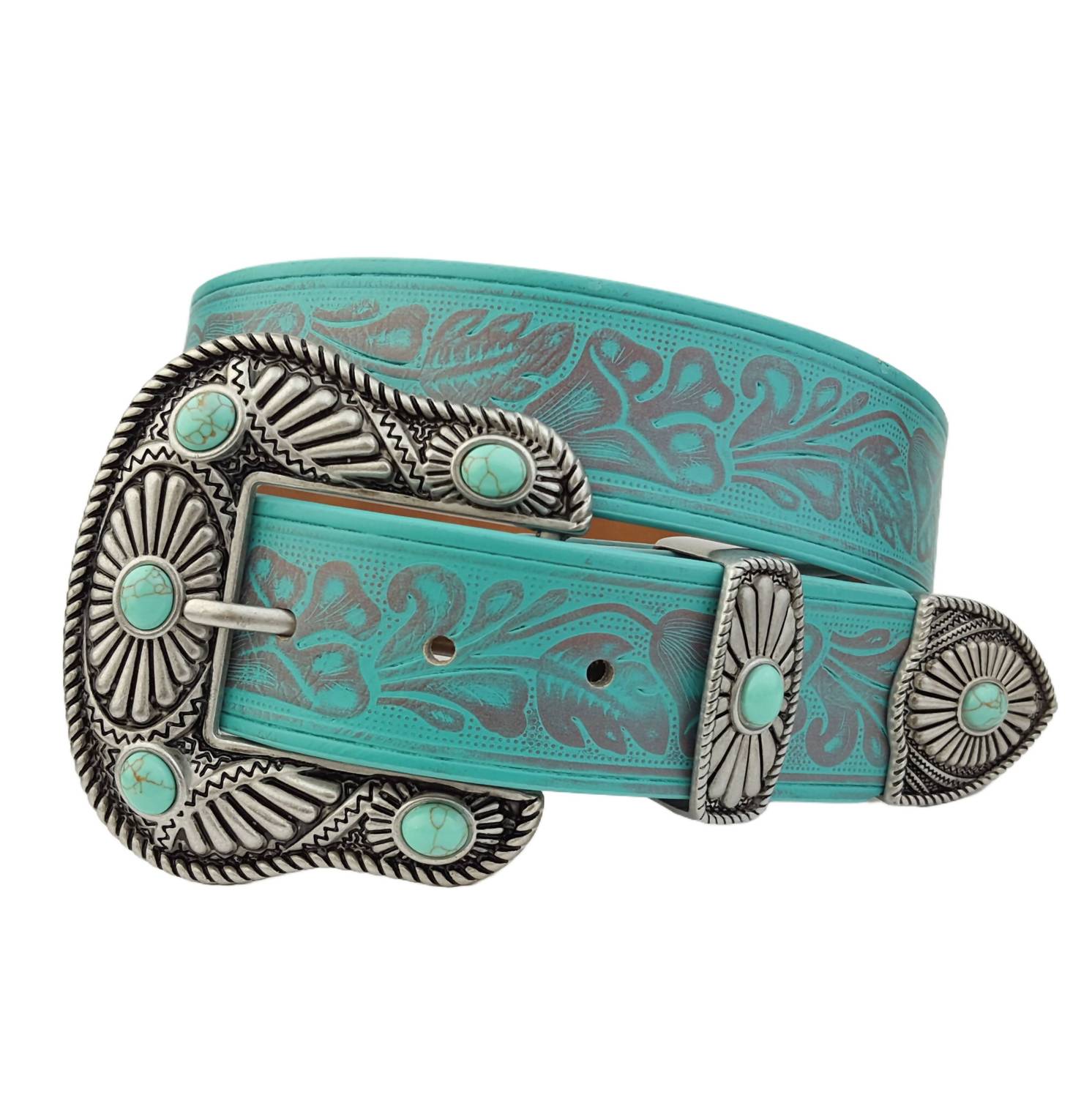 Axesoria West Women's Western Buckle Loop Tip Set With Embossed Belt in turquoise silver - women's accessory