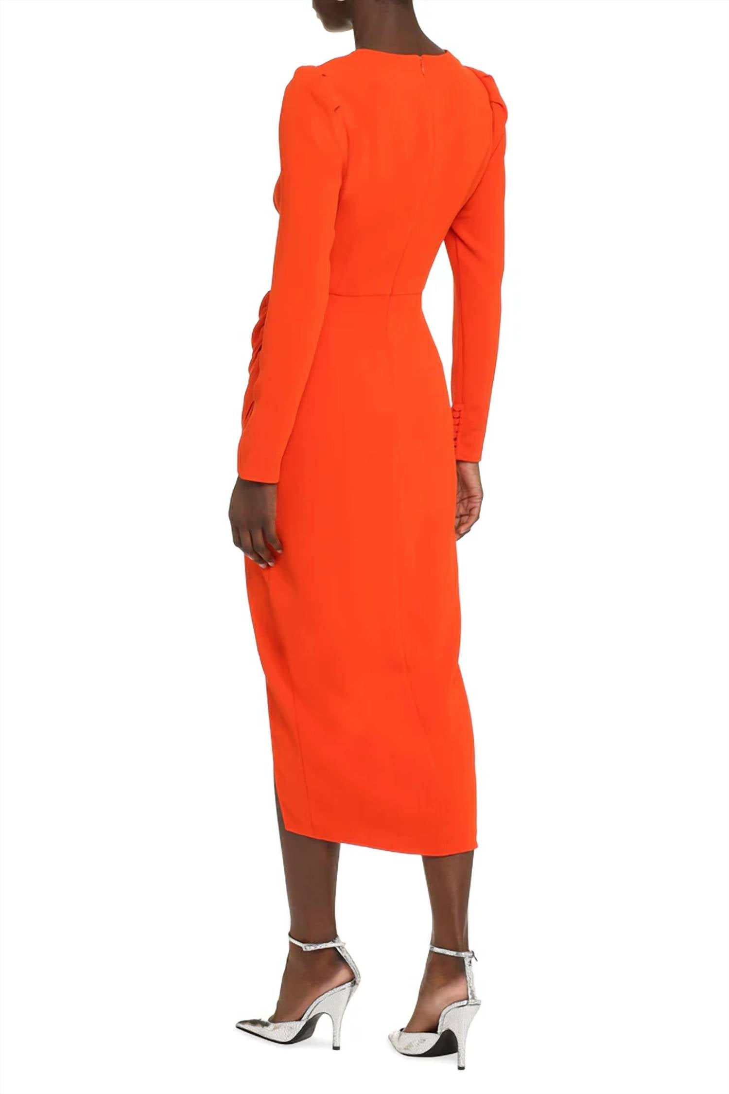 self-portrait Crepe Ruched Midi Dress in orange - women's dress - detail view