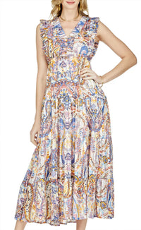 Jade Melody Tam - Ruched V-neck Ruffle Sleeve Maxi Dress