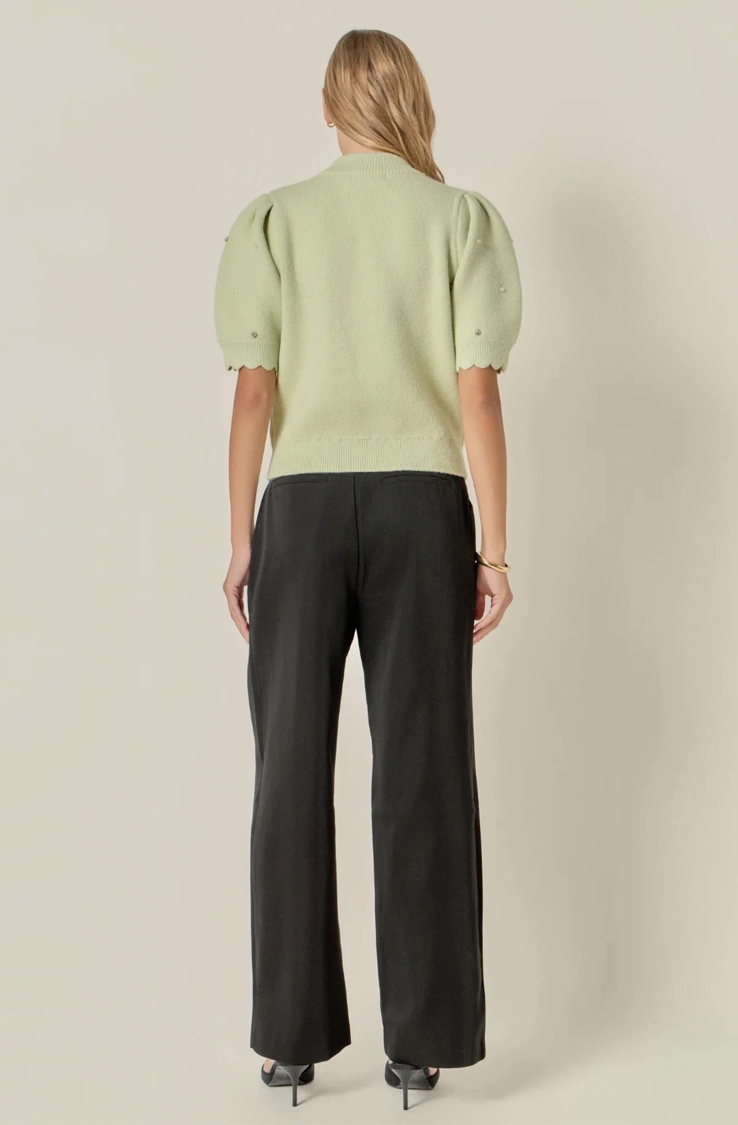 English Factory - Women's Scalloped Puff Sleeve Embellishment Knit Top