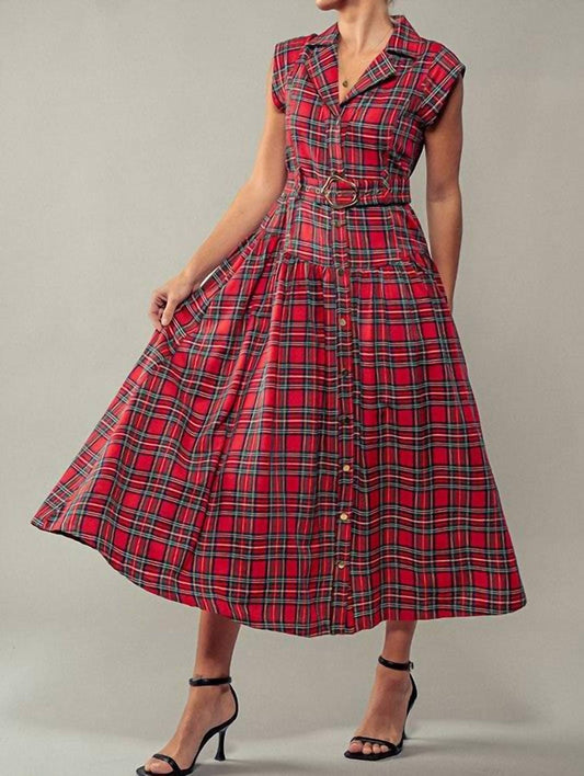 Faire - Dashing Plaid Belted A-line Dress