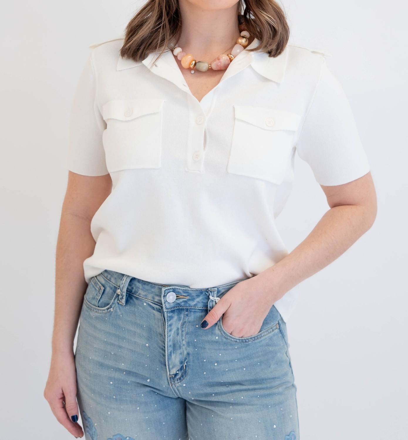 WHITEROOM+CACTUS Anna Knitted Button Down Top in ivory - women's t-shirt