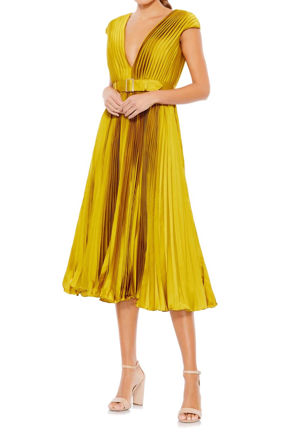 Mac Duggal - Women's Pleated Cap Sleeve Belted Aline Dress