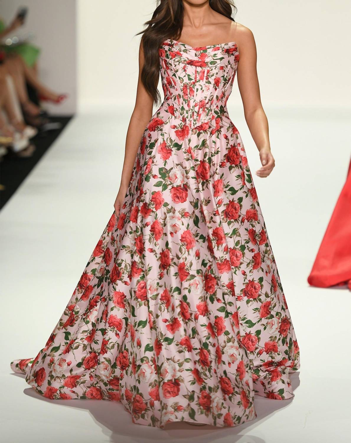 Sherri Hill Strapless Floral Gown With Corset Bodice in pink print - women's dress