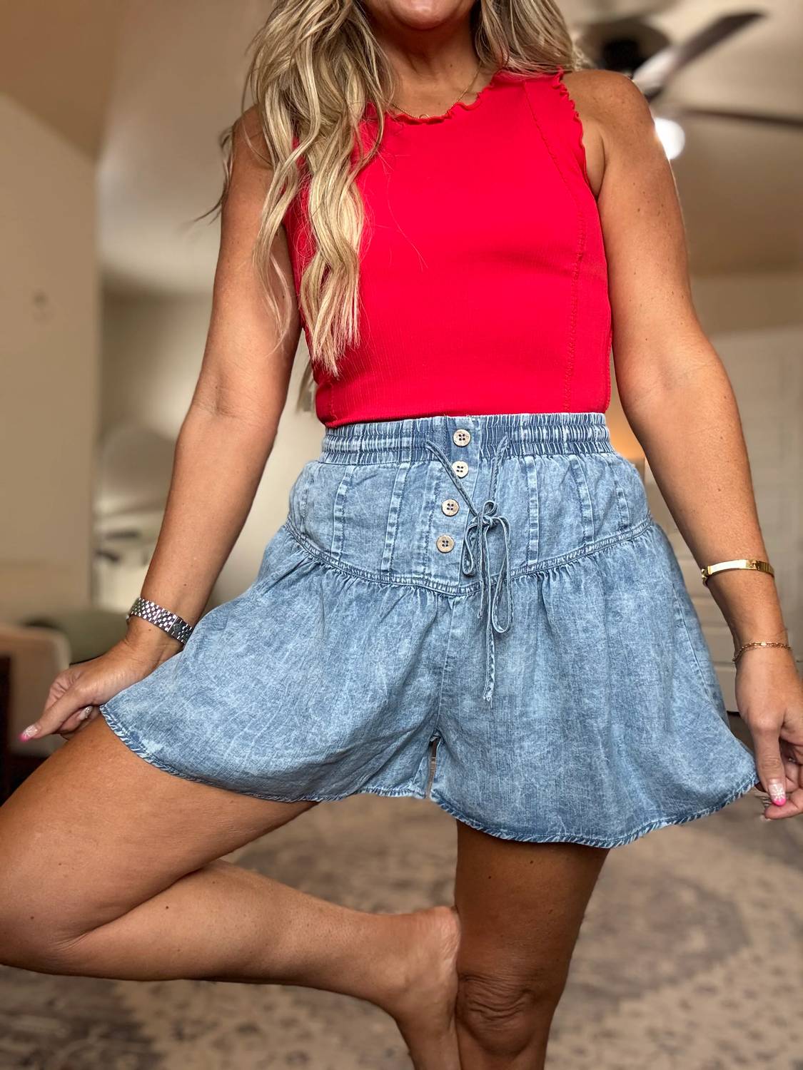 Very J - Weekend Days Chambray Flare Shorts