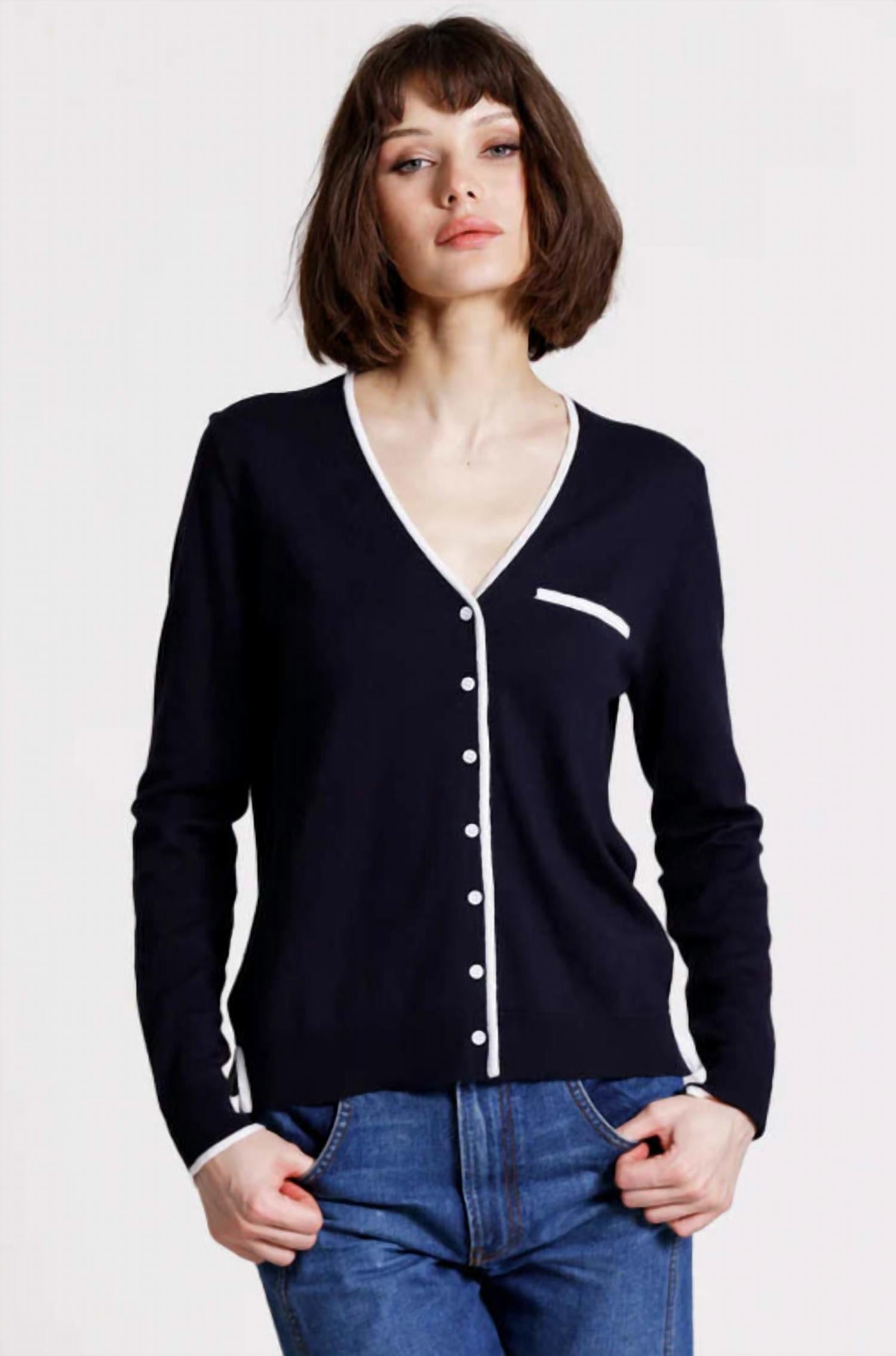 Minnie Rose - V Neck Cardigan with Tipping