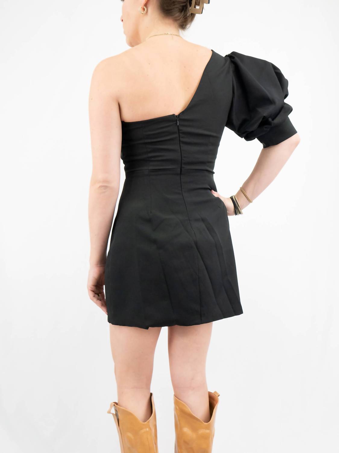 DO+BE One-shoulder Pleated Mini Dress in black - women's dress - detail view