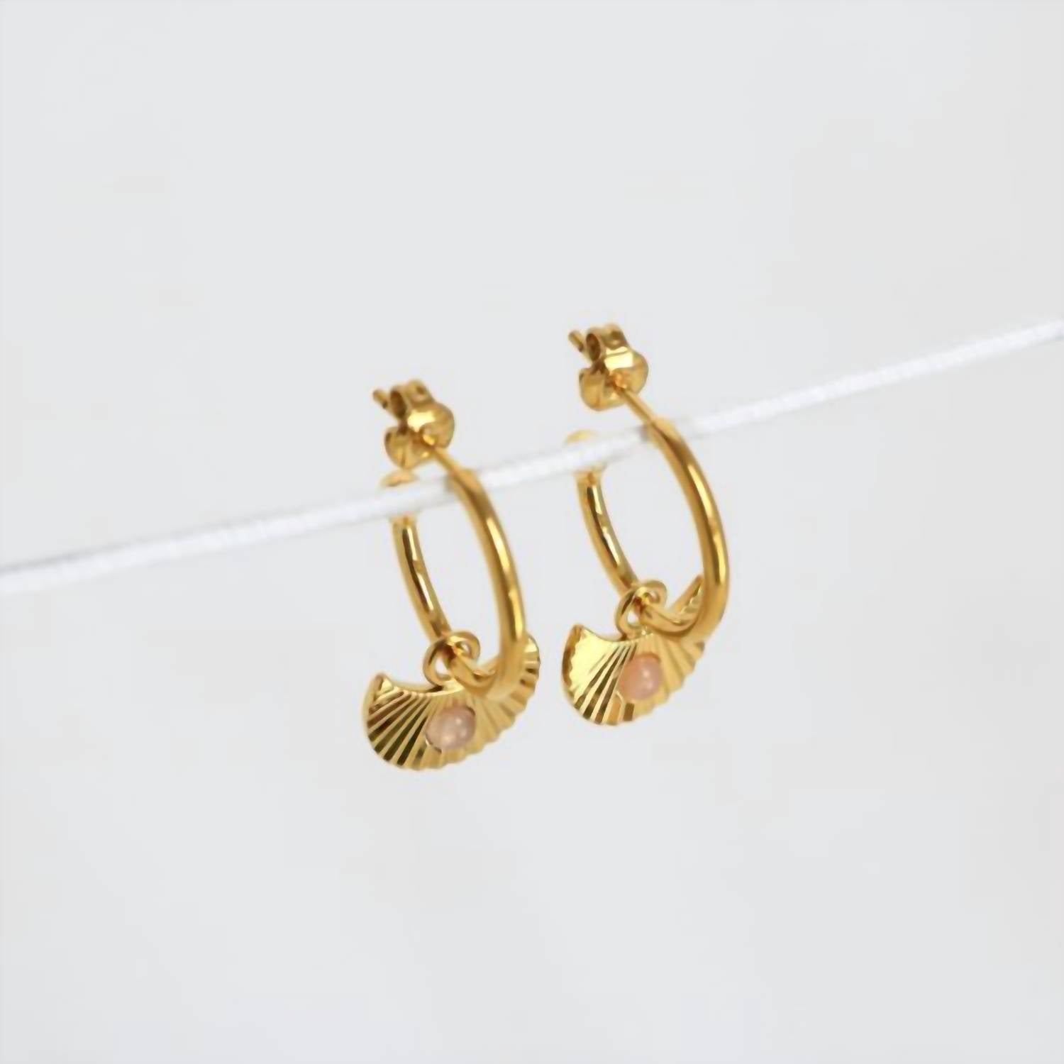 Love Lunamei Women's Moon Gazer Earrings in rose quartz - women's jewelry - detail view