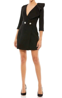 Mac Duggal - Ruffled Faux Tuxedo Blazer Style Mini Dress