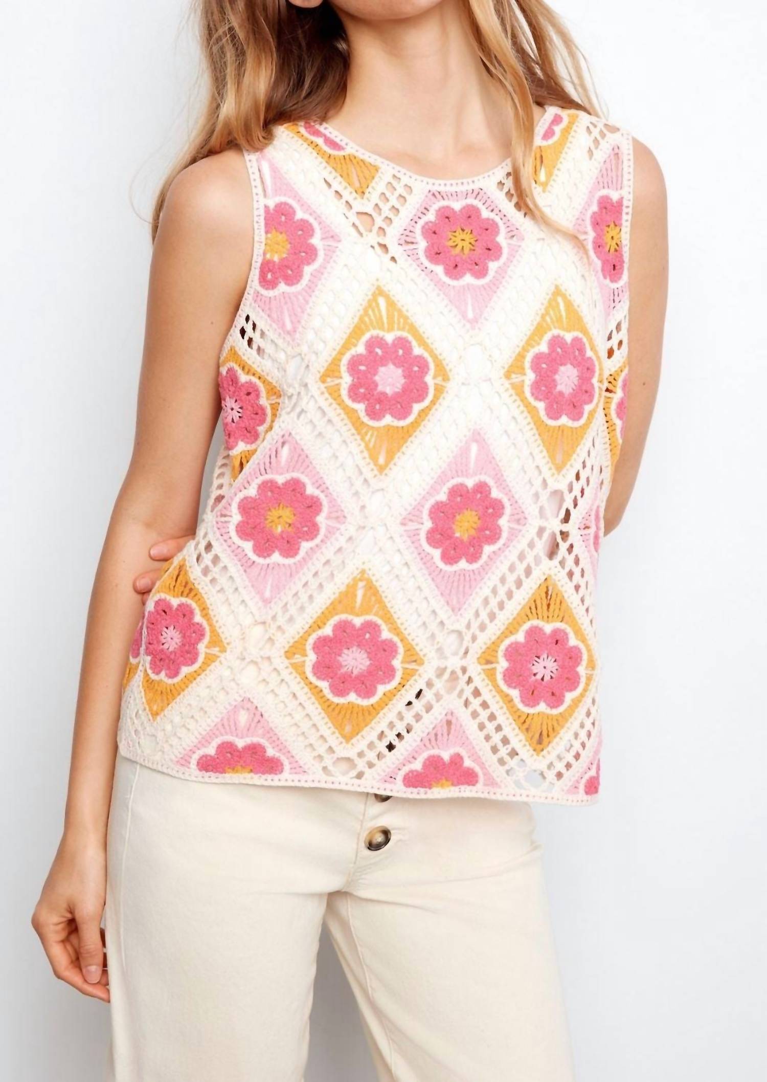 CHARLIE B Floral Sleeveless Crochet Cotton Blend Top in apricot - women's tank top - detail view