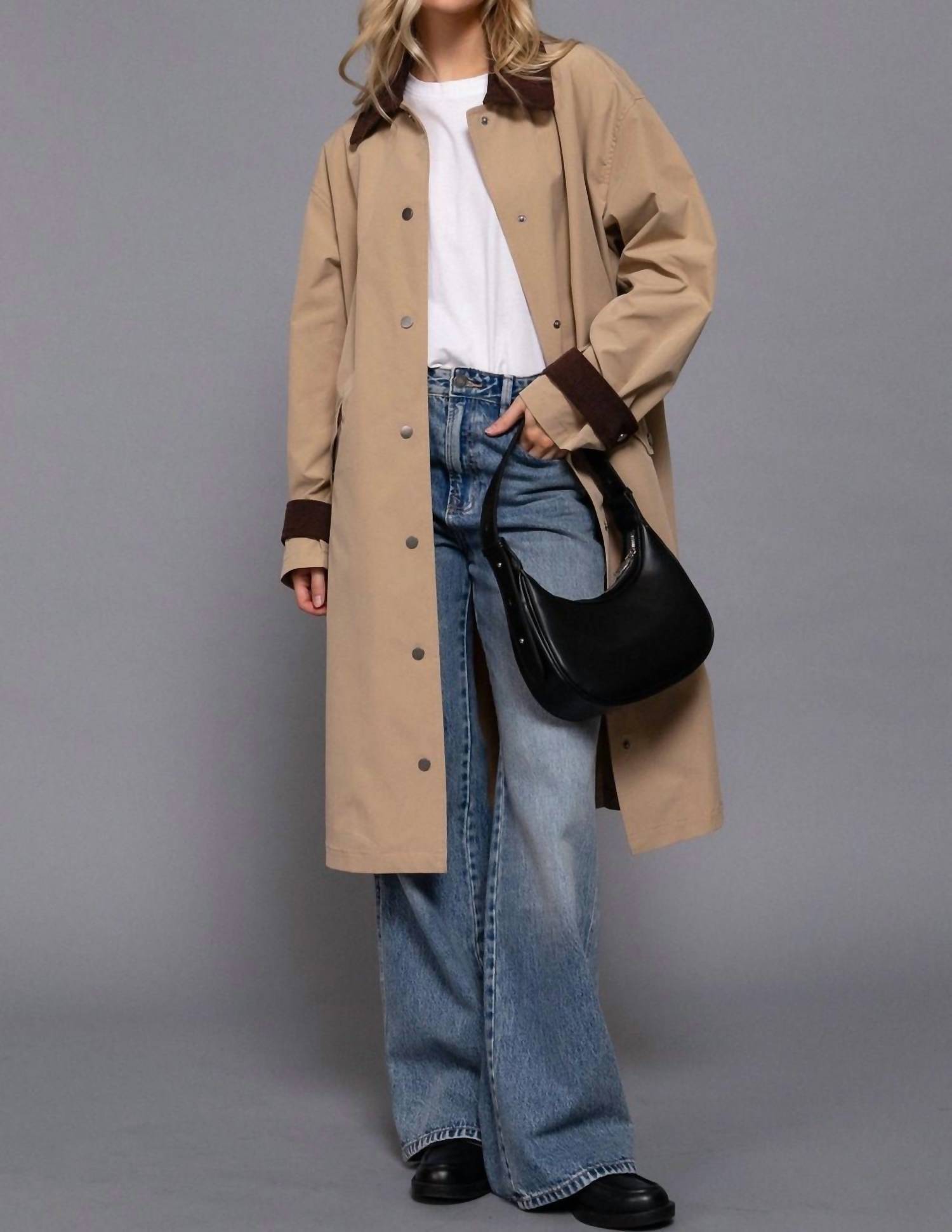 Active Basic - Long Sleeve Contrast Collar Button Down Trench Coat