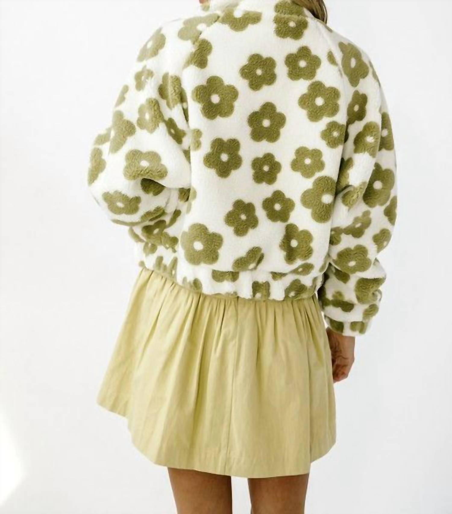 HYFVE Cropped Daisy Print Sherpa Jacket in green floral pattern - women's jacket - alternate view